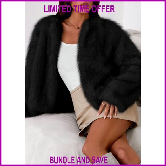 Cropped Faux Fur Jacket Open Front Fluffy Winter Coat Women's Outerwear - Picture 6 of 8